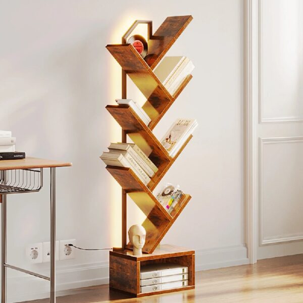 6 Tier Tree Bookshelf, Bookcase with LED Lights, Display Floor Standing Storage Shelf, Book Organizer Shelves for Home Office, Living Room, Vintage