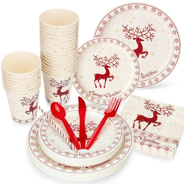 200Pcs Disposable Paper Plates Set with Cutlery, Christmas Dinnerware & Utensil Includes Plates, Fork, Knife & Spoon for Xmas Party, Camping, Picnic, BBQ