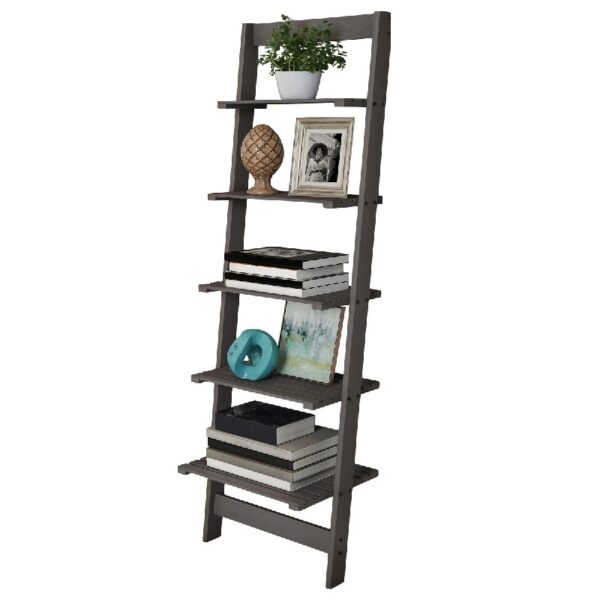5-Tier Slatted Wood Leaning Ladder Shelf for Narrow Storage, Wooden Bookcase for Living Room, Bathroom, Kitchen, Office or Bedroom, Black Finish