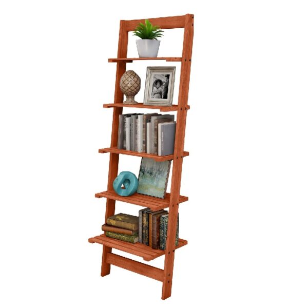 5-Tier Slatted Wood Leaning Ladder Shelf for Narrow Storage, Wooden Bookcase for Living Room, Bathroom, Kitchen, Office or Bedroom, Black Finish