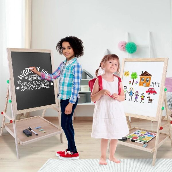 Brrnoo Adjustable Height Double Sided Kids Art Easel Wooden Standing Easel, Dry Erase Board and Chalkboard