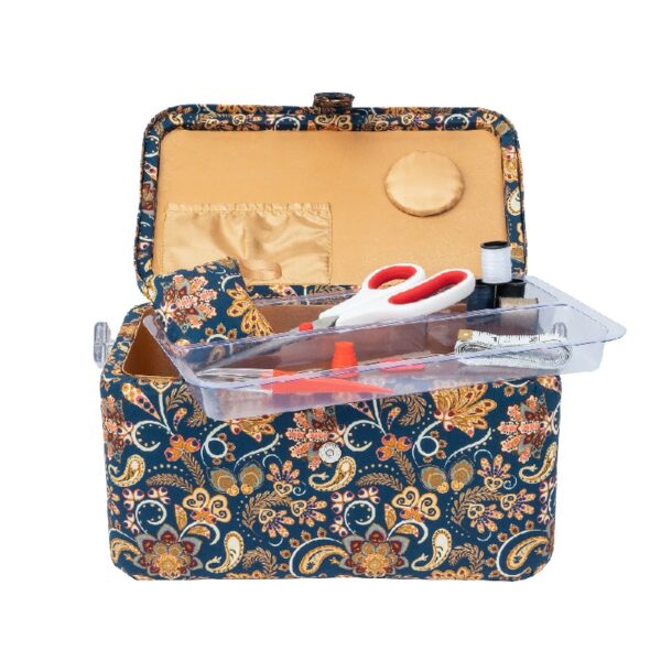 SINGER Large Premium Tackle Sewing Basket Navy Paisley Print with Notions Sewing Kit and Matching Pin Cushion