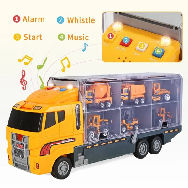 25 in 1 Construction Trucks Push and Go Car Carrier Truck Toy, Play Vehicles with Sounds and Lights, 12 Mini Diecast Trucks Included
