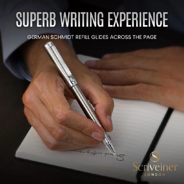 Scriveiner Stainless Steel Rollerball Pen - Stunning Luxury Metal Pen with Silver Chrome Finish, Schmidt Ink Refill, Best Roller Ball Pen Gift Set for Men & Women
