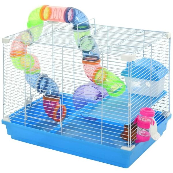 Spaco 2-Level Hamster Cage Rodent Gerbil House Mouse Mice Rat Habitat Metal Wire with Exercise Wheel, Play Tubes, Water Bottle, Food Dishes, Blue
