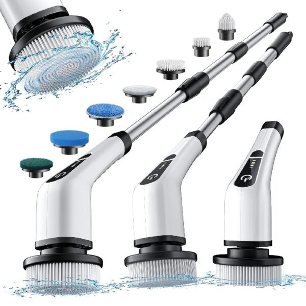 Spin Scrubber, Cordless Bath Tub Power Scrubber with Long Handle & 7 Replaceable Heads, Detachable as Short Handle, Shower Cleaning Brush Household Tools for Bathroom & Tile Floor