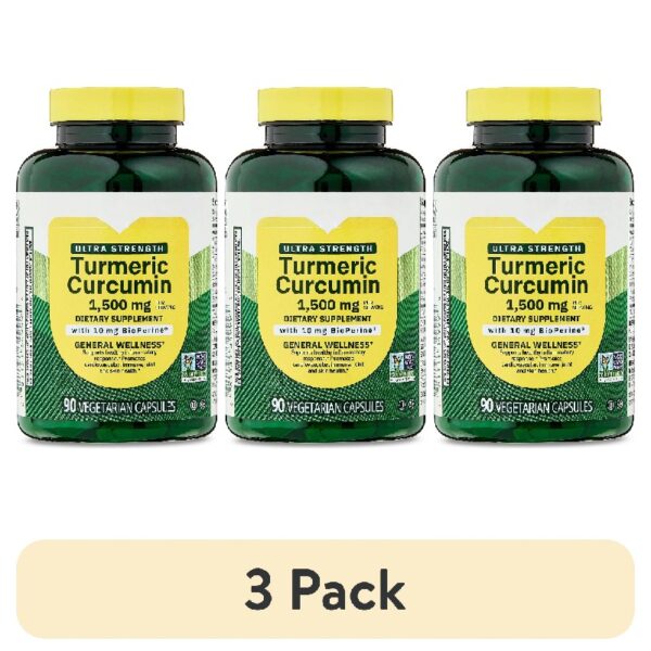 (3 pack) Ultra Strength Turmeric Curcumin Dietary Supplement Vegetarian Capsules for General Wellness, 1500 mg, 90 Count