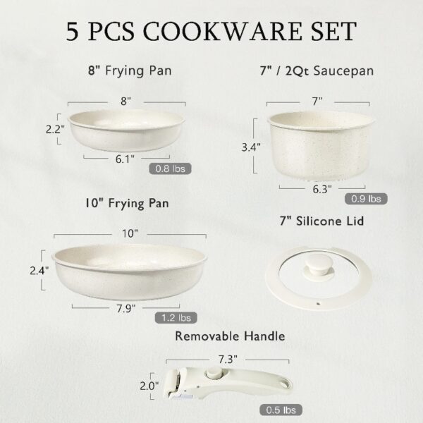 5Pcs Ceramic Pots and Pans Set Nonstick Cookware Sets Removable Handle Kitchen,Oven Safe, Induction Ready