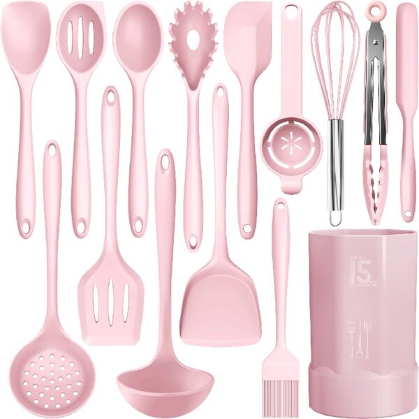 Black Silicone Cooking Utensils Set - 446°F Heat Resistant Kitchen Utensils,Turner Tongs,Spatula,Spoon,Brush,Whisk,Kitchen Utensil Gadgets Tools Set for Nonstick Cookware,Dishwasher Safe (BPA Free)