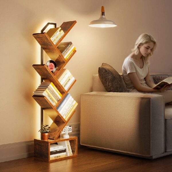 6 Tier Tree Bookshelf, Bookcase with LED Lights, Display Floor Standing Storage Shelf, Book Organizer Shelves for Home Office, Living Room, Vintage