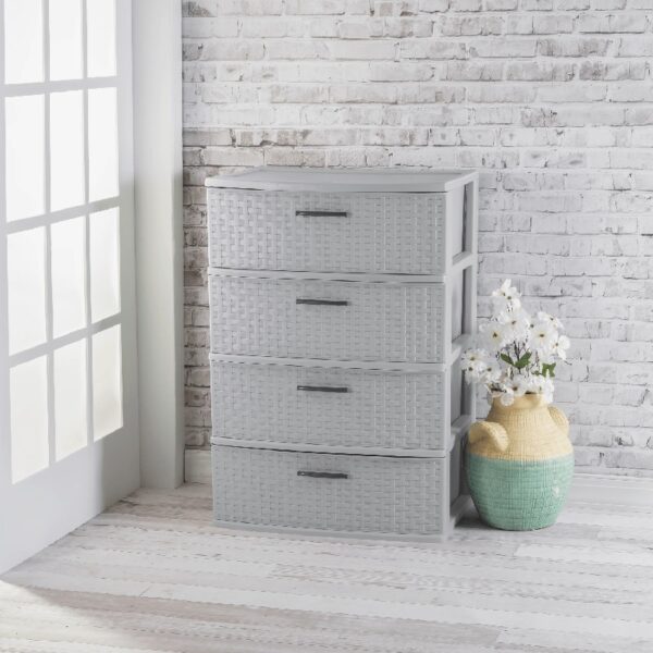 Storage Drawer, 3 Drawer Plastic Weave Wide Tower with Pull Handles, Brown