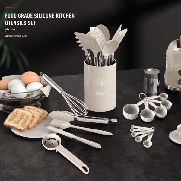 Silicone Cooking Utensils Set - Heat Resistant Stainless Steel Kitchen Utensils, Baking Tools Kitchen Gadgets,Turner, Tongs,Spatula,Spoon,Brush,Whisk,Non-Stick, Dishwasher Safe,BPA FREE (Khaki)