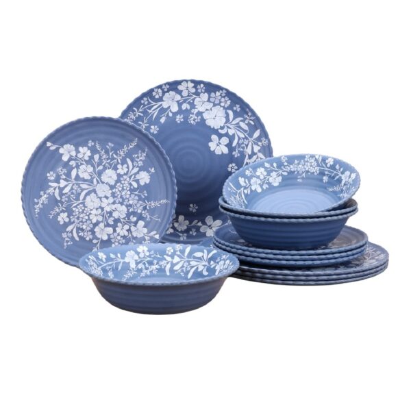 12-Piece Daisy Bamboo Melamine Dinnerware Set, Blue