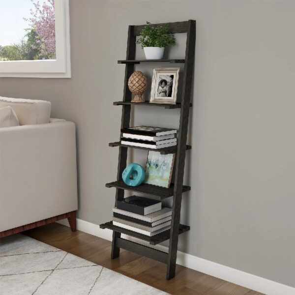 5-Tier Slatted Wood Leaning Ladder Shelf for Narrow Storage, Wooden Bookcase for Living Room, Bathroom, Kitchen, Office or Bedroom, Black Finish