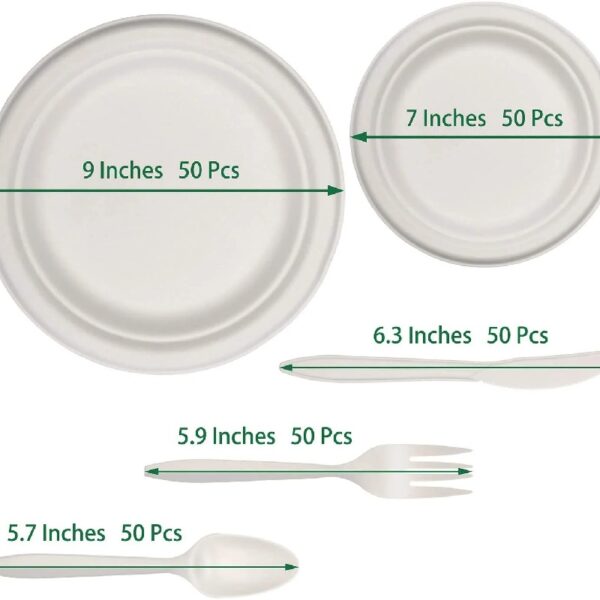 250Pcs Disposable Dinnerware Set, Compostable Sugarcane Cutlery Eco Friendly Tableware Includes 50 Biodegradable Paper Plates, Forks, Knives and Spoons for Camping, Picnic