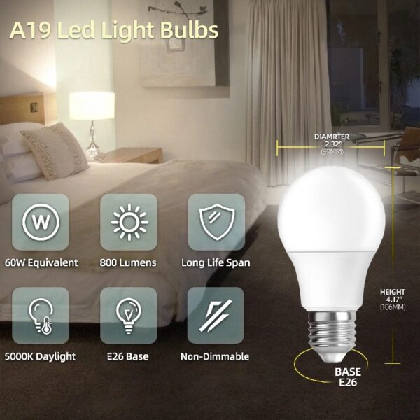 A19 LED Light Bulbs, 60W Equivalent,5000K Daylight, 9W 800 Lumens,E26 Standard Base,UL Listed,Lighting for Bedroom Living Room Home Office,24 Pack