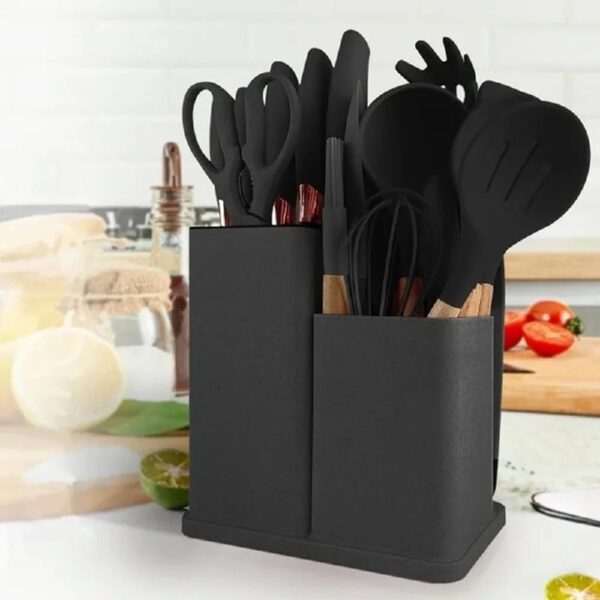 Silicone Kitchen Cooking Utensils Set, 19 Pieces Utensil with Holder, Heat Resistant, Black