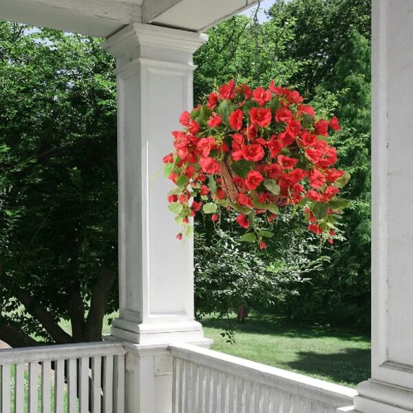 Artificial Hanging Flowers Basket,Fake Hanging Plant,4 Packs Faux Flower Daisies Coconut Lining Hanging Baskets for Patio Garden Porch Deck Decoration(Red)