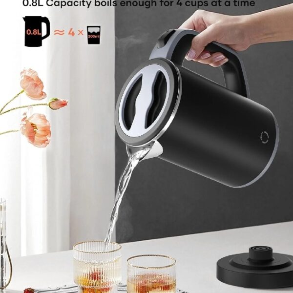 Travel Electric Tea Kettle with Auto Shut-Off & Boil Dry Protection, 304 Stainless Steel Mini Portable Water Boiler, 0.8 L Fast Heating Coffee Kettle, Perfect Holiday Gifts Black