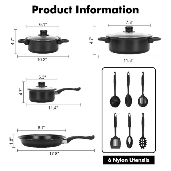 Non-Stick Cookware Set, Small Portable Cast Iron Pots and Pans with Glass Lids and Nylon Utensils for Outdoor Cooking - 13 Piece Set, Black