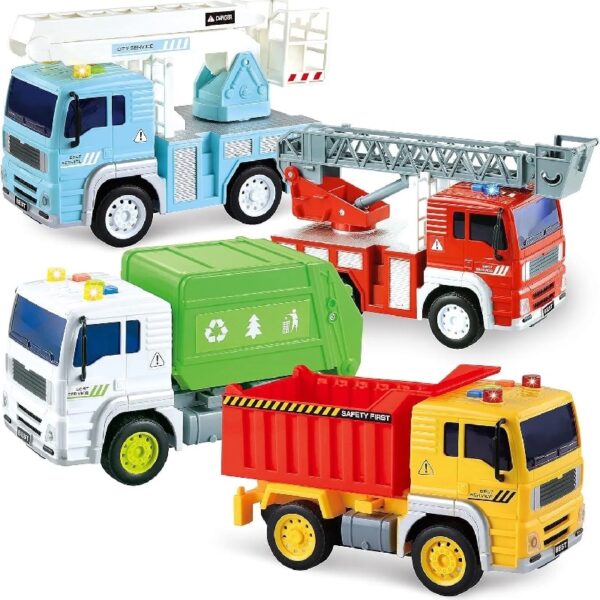 4 Pack Friction Powered City Vehicles, Big Carrier Truck with Lights and Sounds, with Garbage Truck, Fire Engine Truck, Boom Lift Truck & Construction Dump Truck, Birthday Gifts for Kids 3-8