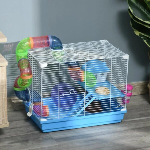 Spaco 2-Level Hamster Cage Rodent Gerbil House Mouse Mice Rat Habitat Metal Wire with Exercise Wheel, Play Tubes, Water Bottle, Food Dishes, Blue