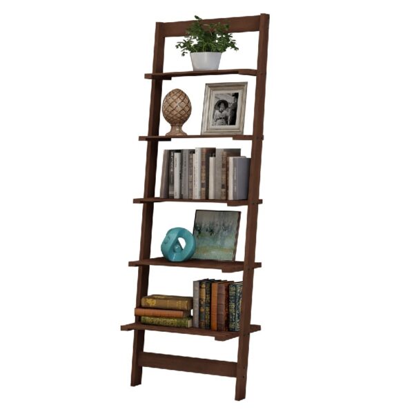 5-Tier Slatted Wood Leaning Ladder Shelf for Narrow Storage, Wooden Bookcase for Living Room, Bathroom, Kitchen, Office or Bedroom, Black Finish