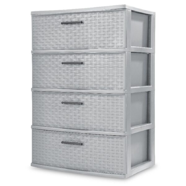 Storage Drawer, 3 Drawer Plastic Weave Wide Tower with Pull Handles, Brown