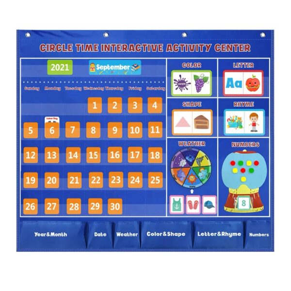 Circle Learning Time Center Pocket Chart Calendar Set Kids Children Educational Learning Toys