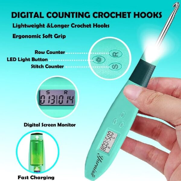 Yarniss Crochet Hooks Set with Digital Counter, 17 Sizes Light Up Crochet Hooks 2.5mm-14.0mm