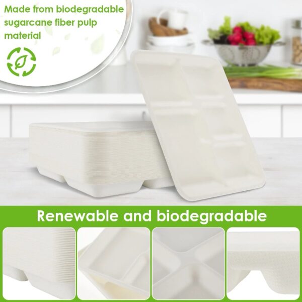 Compostable 5 Compartment Plates,50Pack Disposable Paper Plates,Heavy-Duty Biodegradable Sugarcane Plates,Eco-Friendly School Lunch Trays