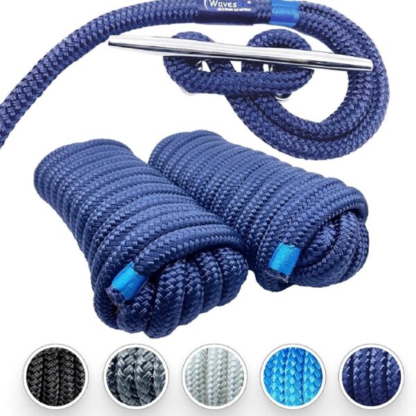 3/8'' x 15' Premium Dock Lines for Boats & PWCs (2PK) | Hi-Performance Mooring Rope Made From Marine-Grade Double Braided Nylon to Resist Sun and Saltwater | 12” Spliced Eyelet + Storage Bag