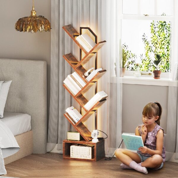 6 Tier Tree Bookshelf, Bookcase with LED Lights, Display Floor Standing Storage Shelf, Book Organizer Shelves for Home Office, Living Room, Vintage