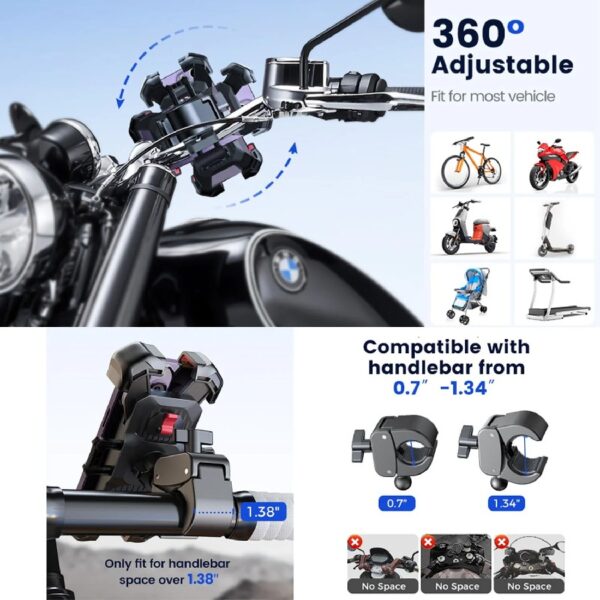 (2 pack) Motorcycle Phone Mount Bike Phone Holder, Auto Lock Adjustable Handlebar Phone Holder Mount for 4.7