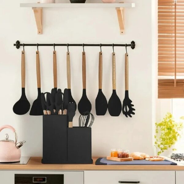 Silicone Kitchen Cooking Utensils Set, 19 Pieces Utensil with Holder, Heat Resistant, Black