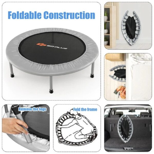 36 Inch Mini Folding Trampoline Portable Recreational Fitness Rebounder, Foldable Mini Trampoline, Fitness Rebounder for Indoor Garden-Silver