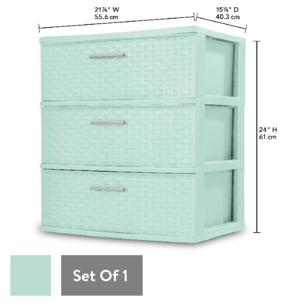 Storage Drawer, 3 Drawer Plastic Weave Wide Tower with Pull Handles, Brown