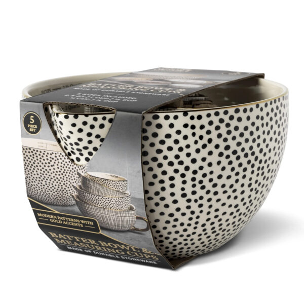 5-Piece Ceramic Mixing Bowl and Measuring Bowl Set, Dot Pattern