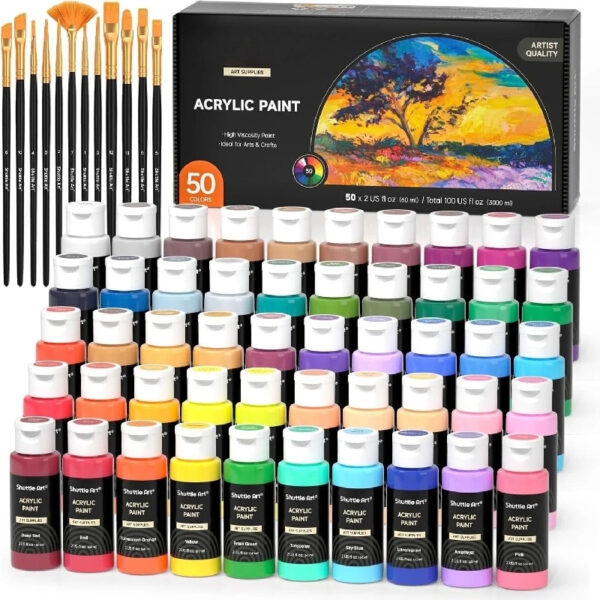 Acrylic Paint, Shuttle Art 50 Colors Acrylic Paint Set, 2oz/60ml Bottles, Rich Pigmented, Water Proof, Acrylic Paints for Artists, Beginners and Kids on Canvas Rocks Wood Ceramic Fabric