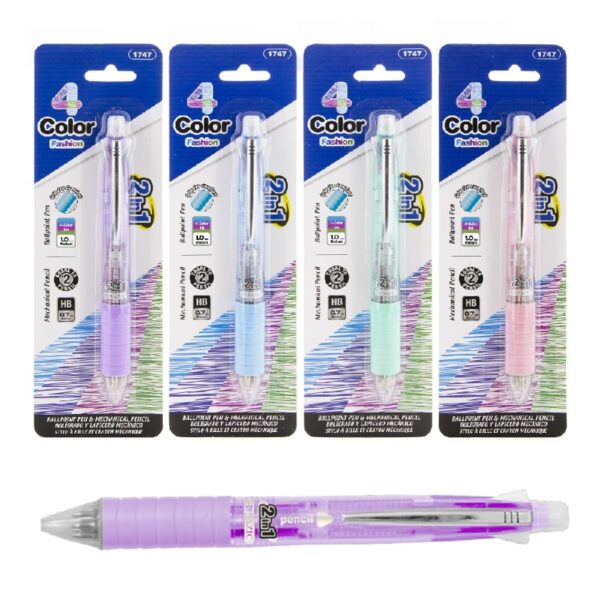 BAZIC 2-In-1 Mechanical Pencil & 4-Fashion Color Pen with Grip, 1.0 mm Bold Point, HB Pencil Lead, 24-Pack