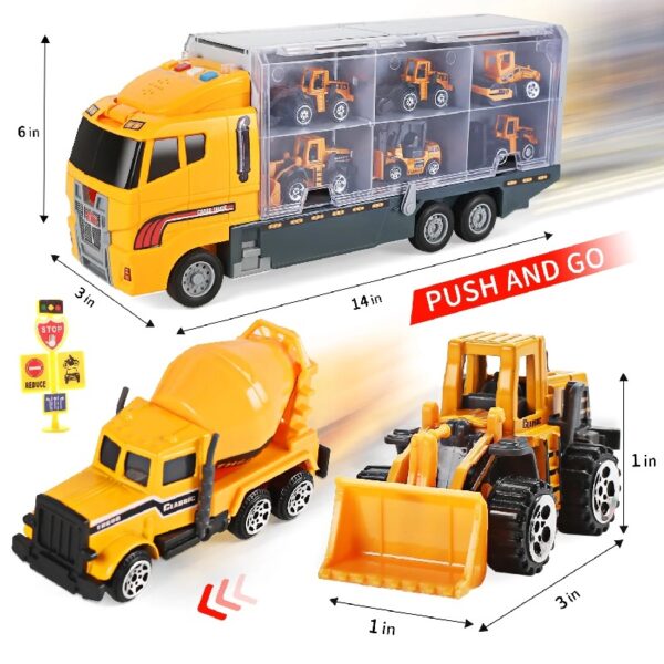 25 in 1 Construction Trucks Push and Go Car Carrier Truck Toy, Play Vehicles with Sounds and Lights, 12 Mini Diecast Trucks Included
