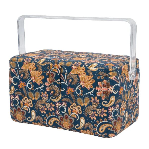 SINGER Large Premium Tackle Sewing Basket Navy Paisley Print with Notions Sewing Kit and Matching Pin Cushion