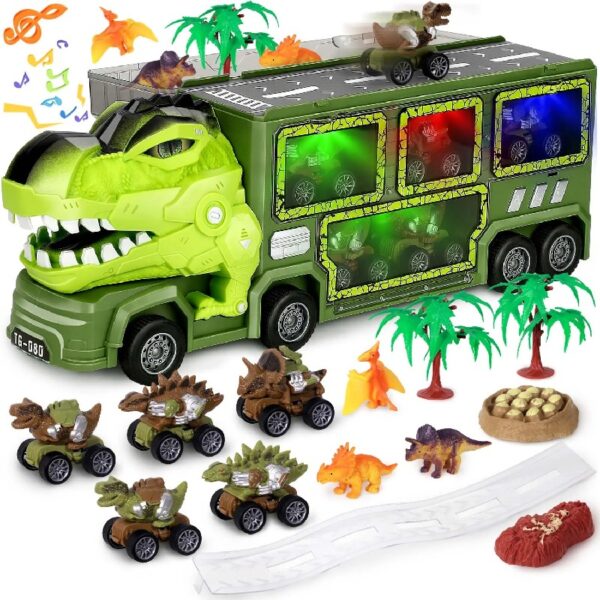 Dinosaur Truck Toys for Boys 3-6 Years, Dinosaur Truck Carrier -Tyrannosaurus Transport Car Carrier Truck with Lights, Music and Sounds, Dinosaur Play Sets for Boys Girls
