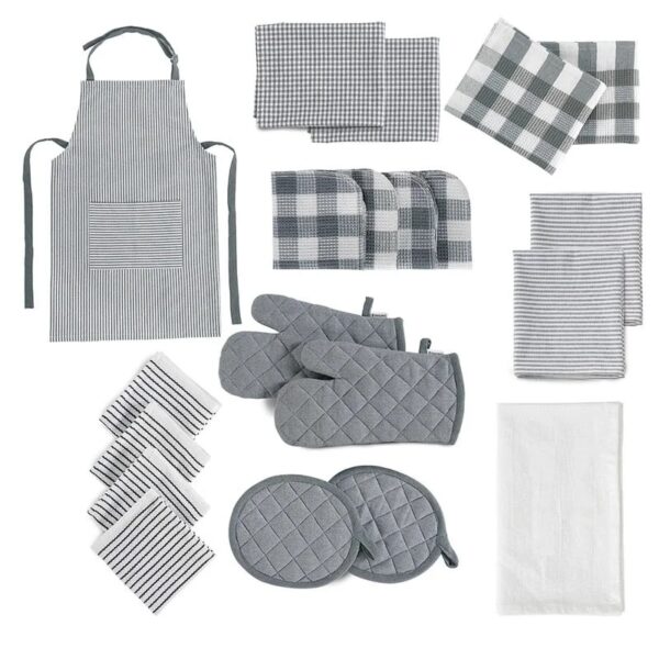 20 Piece Kitchen Towel Set - Cotton Dish Towels, Heat Resistant Kitchen Mittens and Pot Holder Set, Apron for Women with Pockets , Absorbent Dish Towels for Kitchen Drying - Olive