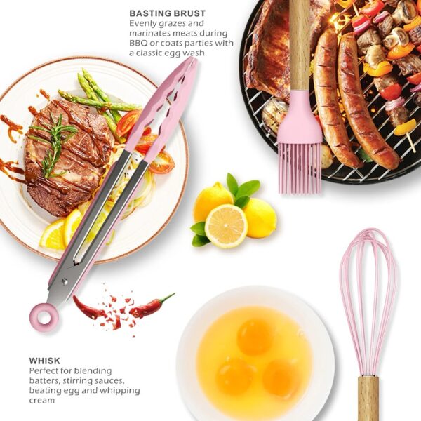 oannao Silicone Cooking Utensils Set - 446°F Heat Resistant Silicone Kitchen Utensils for Cooking,Kitchen Utensil Spatula Set w Wooden Handles,Holder, BPA FREE Gadgets for Non-Stick Cookware (Khaki)