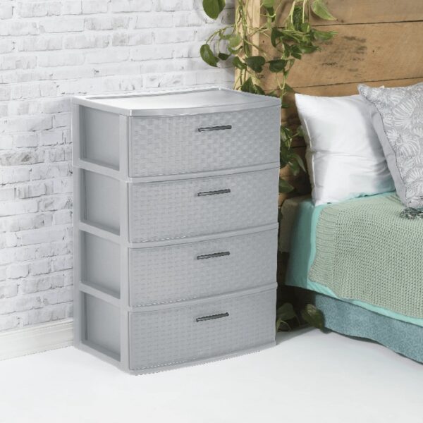 Storage Drawer, 3 Drawer Plastic Weave Wide Tower with Pull Handles, Brown