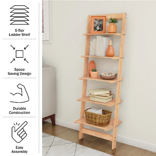 5-Tier Slatted Wood Leaning Ladder Shelf for Narrow Storage, Wooden Bookcase for Living Room, Bathroom, Kitchen, Office or Bedroom, Black Finish
