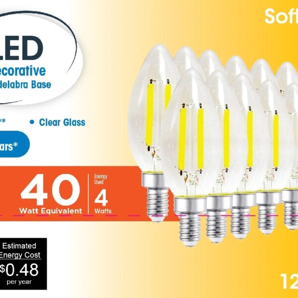LED Light Bulb, 4W (40W Equivalent) B10 Deco Lamp E12 Candelabra Base, Dimmable, Soft White, 12-Pack
