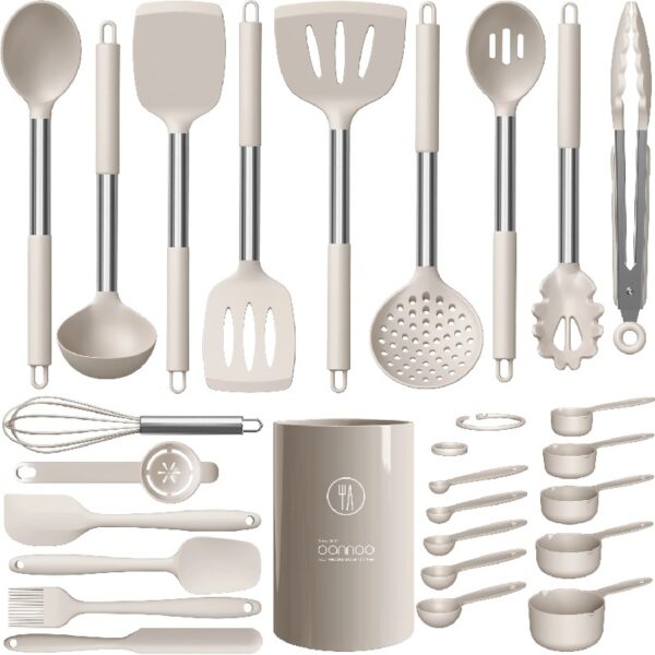 Silicone Cooking Utensils Set - Heat Resistant Stainless Steel Kitchen Utensils, Baking Tools Kitchen Gadgets,Turner, Tongs,Spatula,Spoon,Brush,Whisk,Non-Stick, Dishwasher Safe,BPA FREE (Khaki)