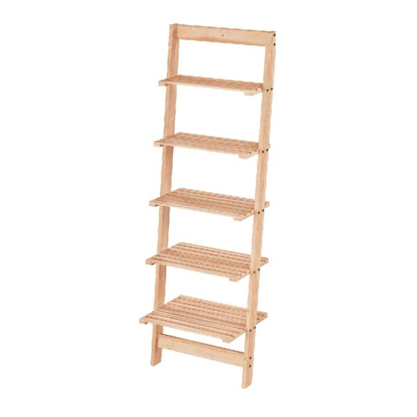 5-Tier Slatted Wood Leaning Ladder Shelf for Narrow Storage, Wooden Bookcase for Living Room, Bathroom, Kitchen, Office or Bedroom, Black Finish